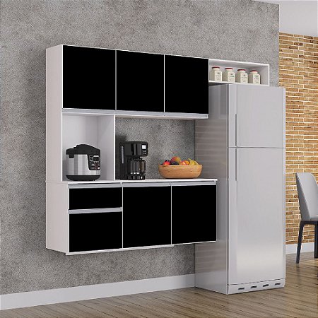 Cozinha Compacta Preta e branco Suspensa 180X135X35