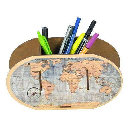 Porta Canetas E Lápis Decorativo Mdf Mapa Mundi Escolar