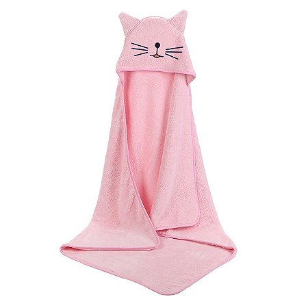 Toalha Bebê com Capuz Antialérgica Gatinha - Rosa