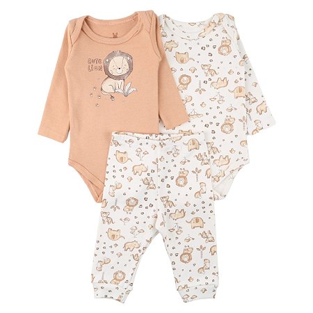 Kit Conjunto Body 3 Peças Bebê em Suedine 100% Algodão Safari Marfim - Kiko Baby