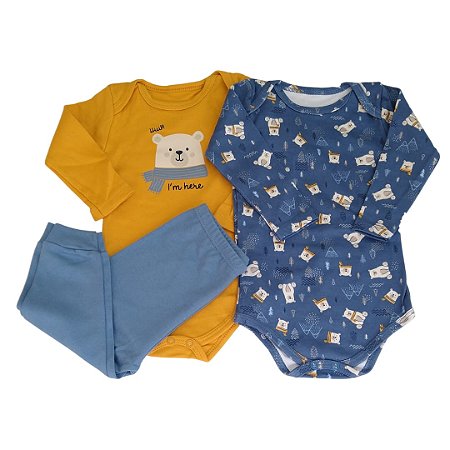 Kit Conjunto Body 3 Peças Bebê em Suedine 100% Algodão Urso Mostarda e Azul - Kiko Baby