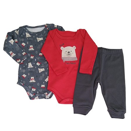 Kit Conjunto Body 3 Peças Bebê em Suedine 100% Algodão Urso Vermelho e Cinza - Kiko Baby