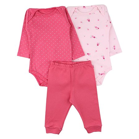 Kit Conjunto Body 3 Peças Bebê em Suedine 100% Algodão Florzinha/Poá Rosa - Kiko Baby