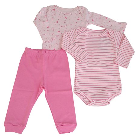 Kit Conjunto Body 3 Peças Bebê em Suedine 100% Algodão Princesa/listrado Rosa - Kiko Baby