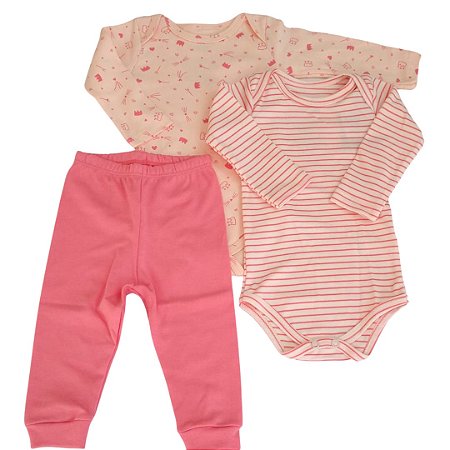 Kit Conjunto Body 3 Peças Bebê em Suedine 100% Algodão Princesa/listrado Salmão - Kiko Baby