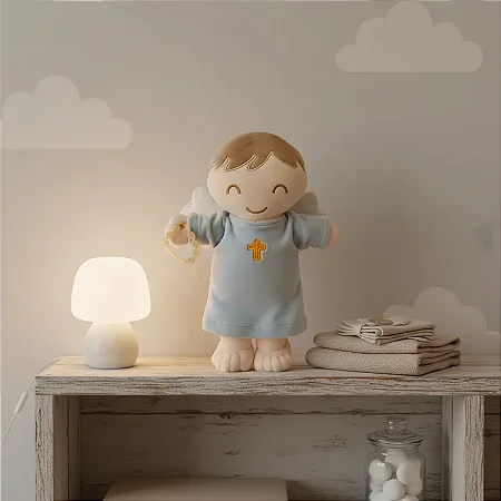 Pelúcia Boneco de Pano Bordado Anjinho da Guarda Azul Bebê