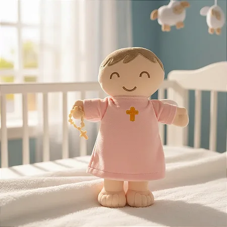 Pelúcia Boneco de Pano Bordado Anjinho da Guarda Rosa Bebê