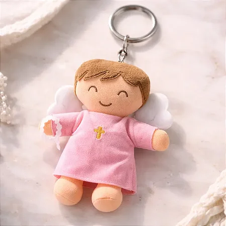 Chaveiro Religioso de Pelúcia Anjinho da Guarda Rosa Bebê
