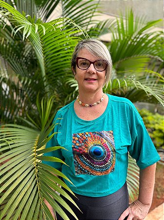 Cropped de manga soltinho com estampa em poliamida com elastano