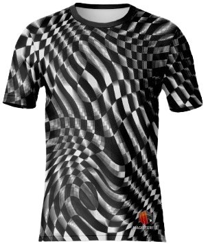 Camiseta com estampa abstrata, por sublimação total, em micro-fibra, tecido tecnológico.