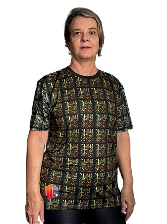 Camiseta com estampa de plantas de aquário ladrilhada, por sublimação total, em micro-fibra, tecido tecnológico.