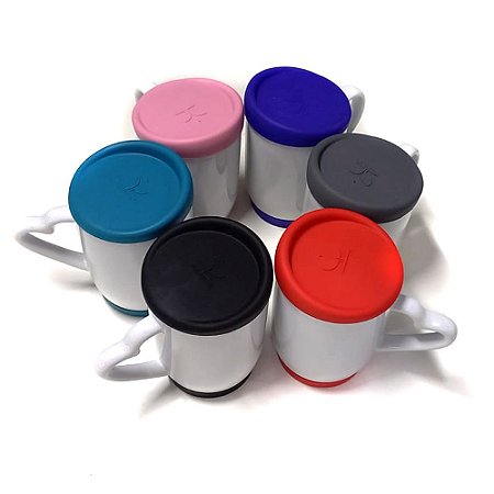Caneca Branca Tampa De Silicone Alça De Coração Para Sublimação 365ml