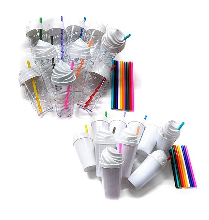 10 Copos Twister Chantilly Acrílico 500ml C/ Tampa e Canudo