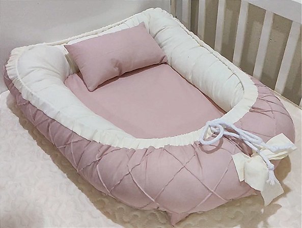Ninho Redutor de Berço para Bebê - Rosê Nude e Off White - Percal 150 Fios 100% Algodão