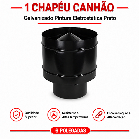 Chapéu Canhão Galvanizado 6" Eletrostática Preto – ArtMill