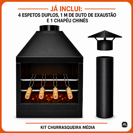 Kit Churrasqueira Parede Média com 4 Espetos, Duto e Chapéu – ArtMill