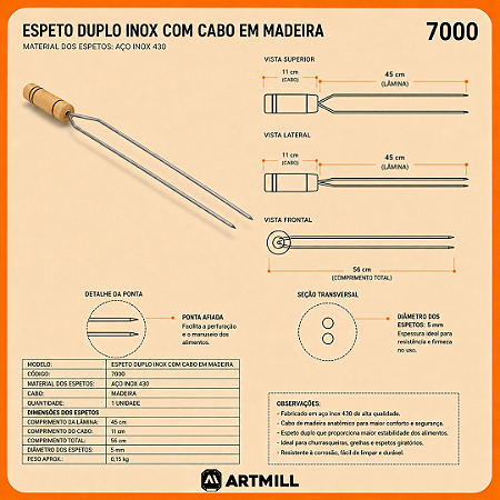 Kit Churrasqueira Parede – Reta Média com Kit 4 Espetos, 1 m de Duto de Exaustão e Chapéu Chinês – ArtMill