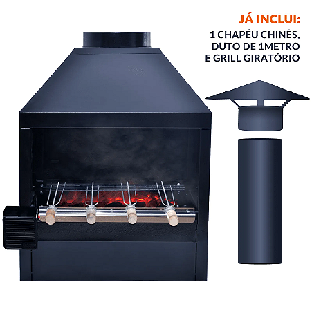 Kit Churrasqueira parede - Reta Média com grill giratório, 1m de duto de exaustão e chapéu chinês
