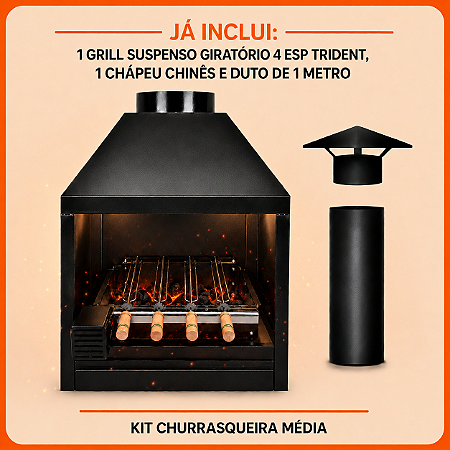 Kit Churrasqueira Parede Média com Grill Giratório, Duto de Exaustão e Chapéu Chinês – ArtMill