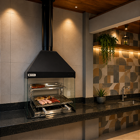 Kit Churrasqueira Gourmet 80x60 – Coifa, Grill Suspenso e Braseiro