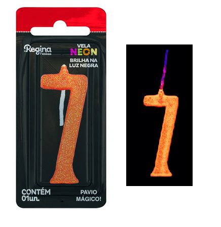 Vela de Aniversário Glitter Neon Laranja n° 7  (Brilha na luz negra) - Regina