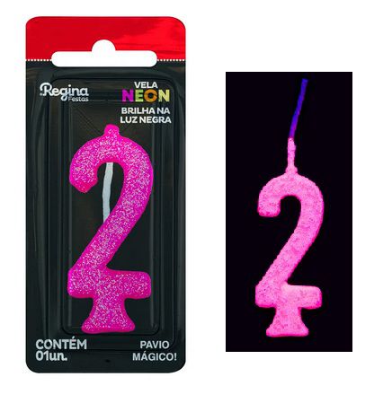 Vela de Aniversário Glitter Neon Pink n° 2  (Brilha na luz negra) - Regina