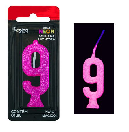 Vela de Aniversário Glitter Neon Pink n° 9  (Brilha na luz negra) - Regina