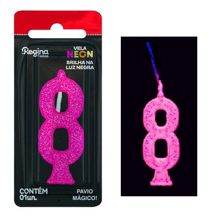 Vela de Aniversário Glitter Neon Pink n° 8  (Brilha na luz negra) - Regina