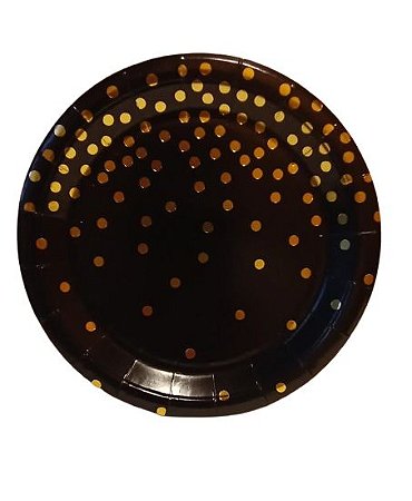 Prato de Papel Preto Poá Dourado 18cm c/ 10 unids - Yoss