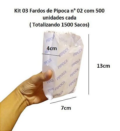 Kit 3 Fardos Saco Pipoca n°2 Impresso  (13x11cm) c/ 500 unids cada ( Total 1500 sacos)  - Mtel