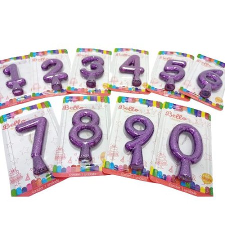 Vela de Aniversário c/ glitter Lilas Pavio Magico - Escolha o número na variação do produto