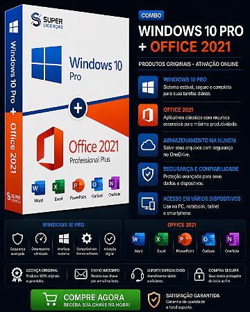 Windows 10 Pro + Office 2021 Pro Plus - Licença Vitalícia I Envio Por E-mail (Original)