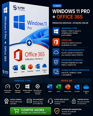 WINDOWS 11 PRO + OFFICE 365 - LICENÇA VITALÍCIA & ENVIO POR E-MAIL (ORIGINAL)