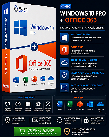 WINDOWS 10 PRO + OFFICE 365 - LICENÇA VITALÍCIA & ENVIO POR E-MAIL (ORIGINAL)