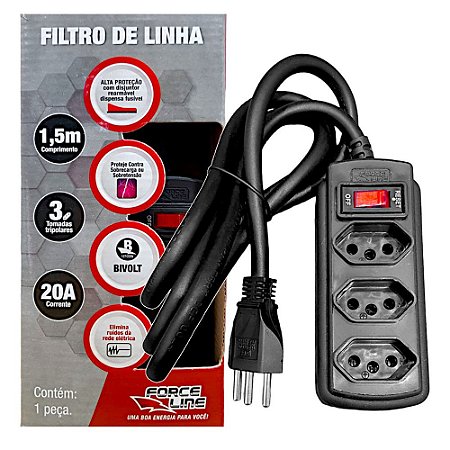 Filtro de linha 20A 3 Tomadas Disjuntor Rearmável ForceLine