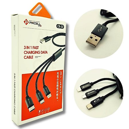 Cabo USB Fast Charging 3 em 1 - Micro USB Tipo C Lightning