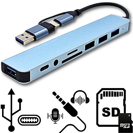 Hub USB C 8 em 1 Alumínio SD MicroSD USB 3.0 Alta Velocidade