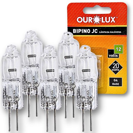 KIT 5 Lampadas Halogena Bipino JC 20w 12v G4 - Ourolux