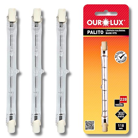 KIT 3 Lâmpadas Halógena Palito 300W 220V J118 Ourolux