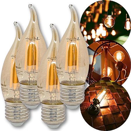 KIT 4 Lampadas Vintage Vela Chama 2W 2400K Branco Quente