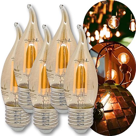 KIT 5 Lampadas Vintage Vela Chama 2W 2400K Branco Quente