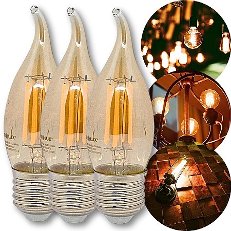 KIT 3 Lampadas Vintage Vela Chama 2W 2400K Branco Quente