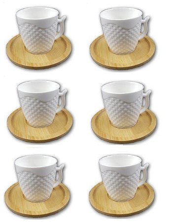 Conjunto 6 Xícaras de Café porcelana com Pires de Bambu Dots