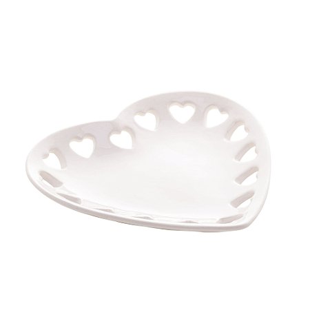 Mini Prato de Coração de Cerâmica com Borda Vazada Branco 18 cm