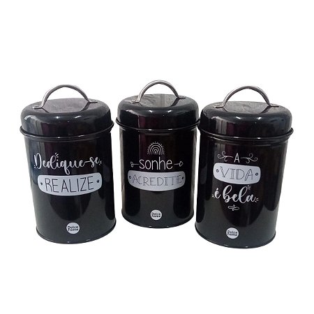 Kit 03 Latas de Metal com Tampa Preto