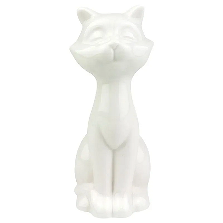 Escultura Gato Cerâmica Branco Brilhante