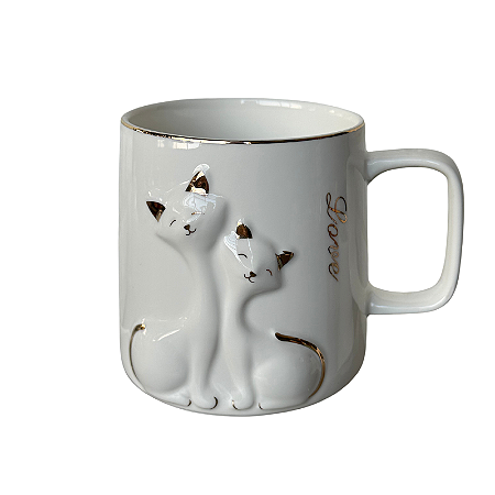 Caneca de Porcelana Gatos Relevos com Dourado