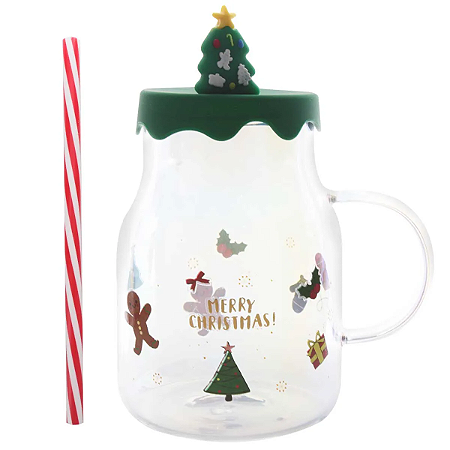 Caneca de Vidro Natal Verde com Tampa de Silicone