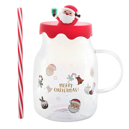 Caneca de Vidro Natal Vermelha com Tampa de Silicone