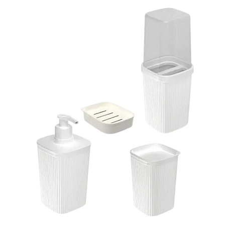 Kit Banheiro 4 Peças de Plástico Branco Frisos